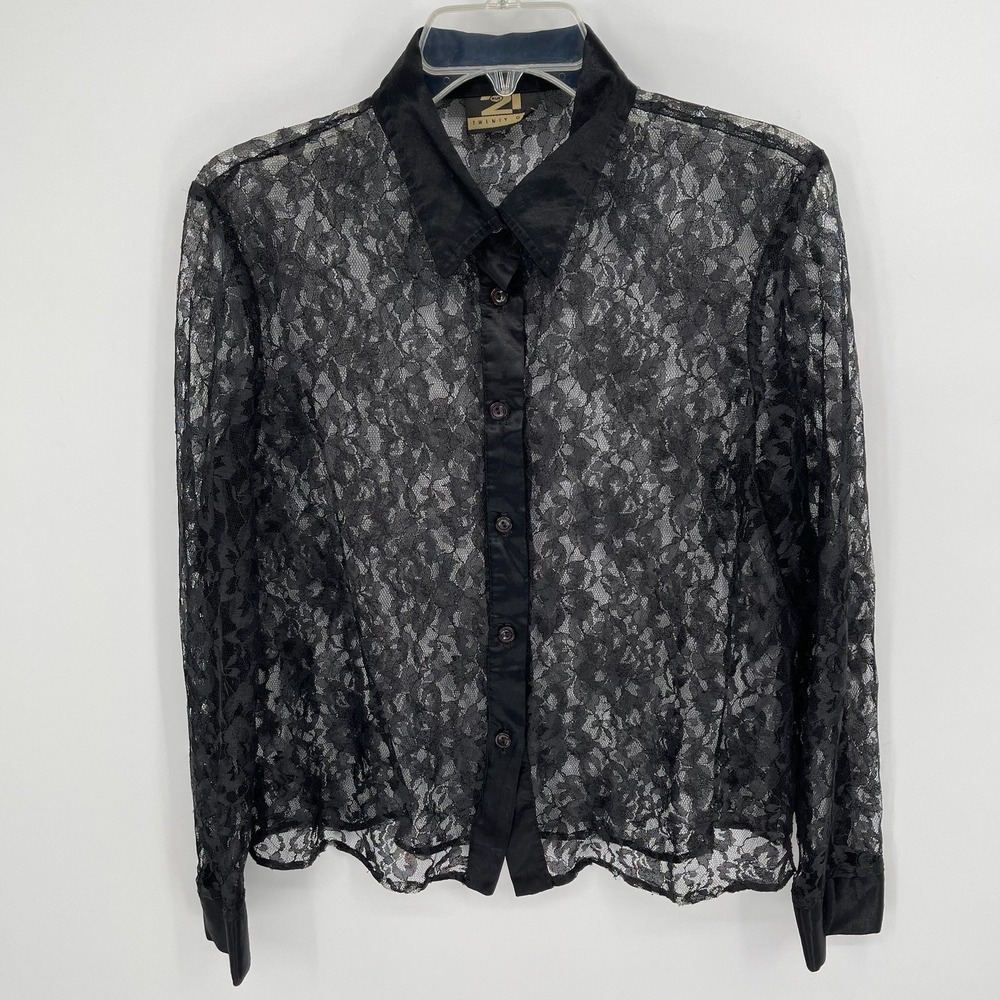 Rue 21 Women's Black Sheer Floral Lace Button‎ Up Shirt Size XS-S